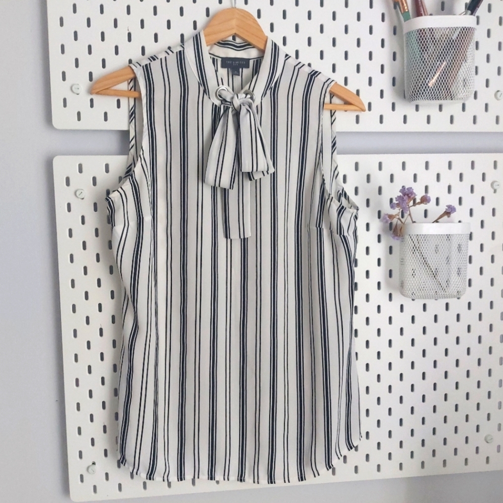 The Limited Black and White Striped Tie-Neck Sleeveless Blouse